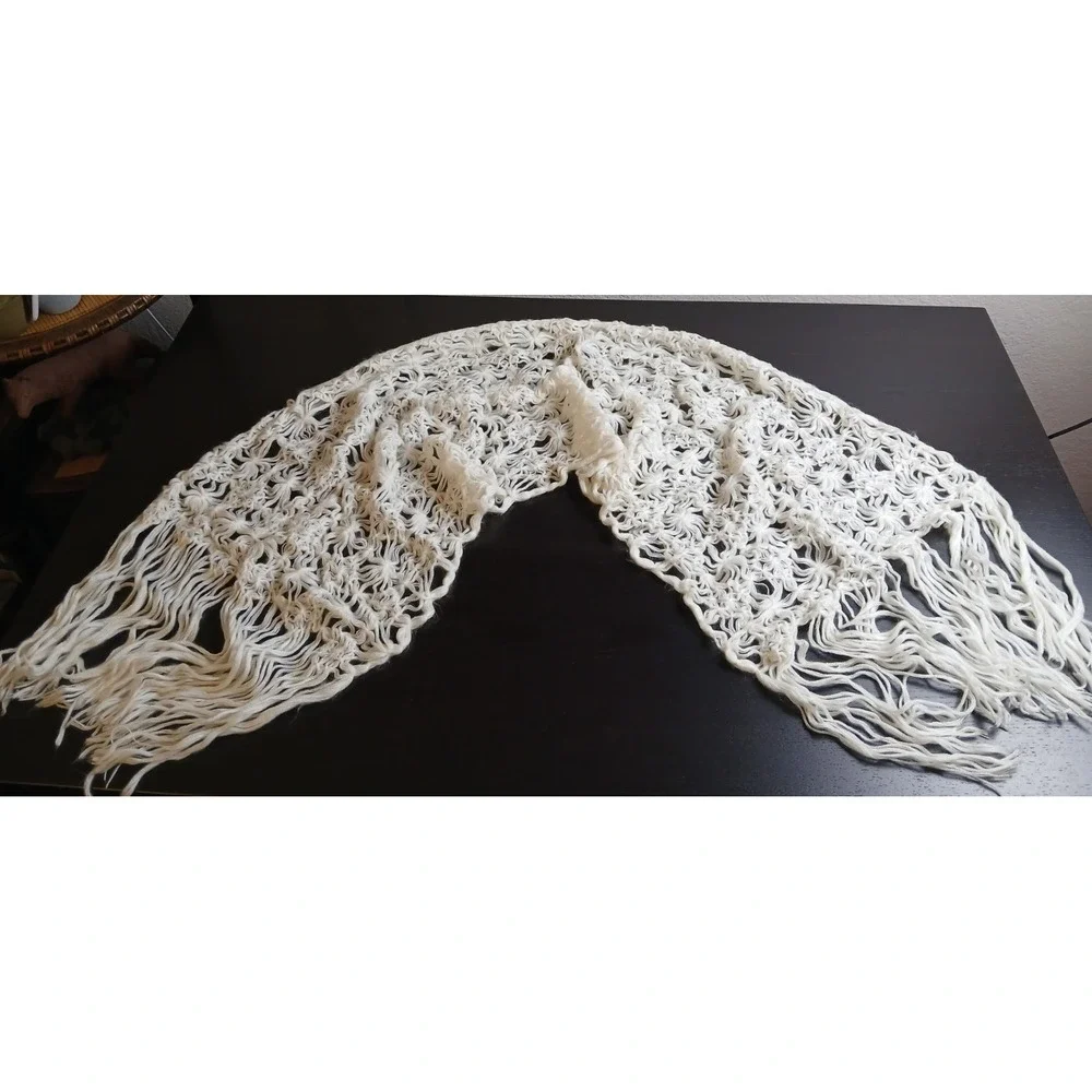 Vintage Crochet Long 64'Scarf Cream Handmade Open Weave Boho Fringe 17' Wid#496C